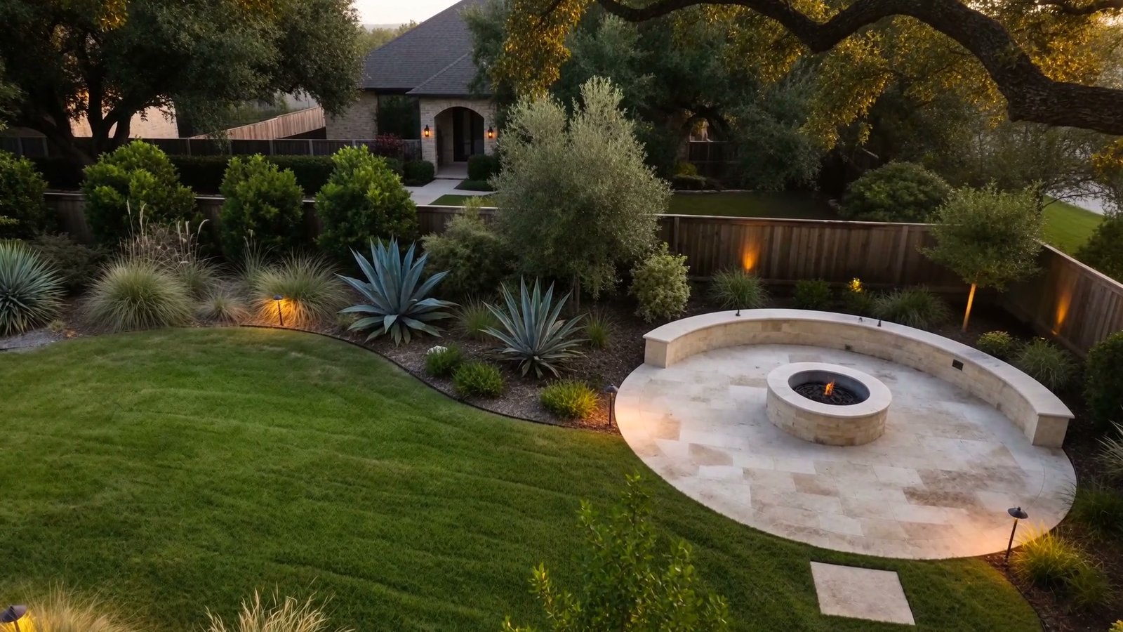 The finished backyard: limestone patio, fire feature, lawn, and path lights at golden hour
