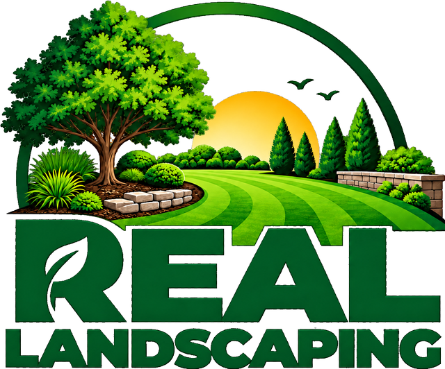 Real Landscaping logo: a tree and sunrise over a striped lawn