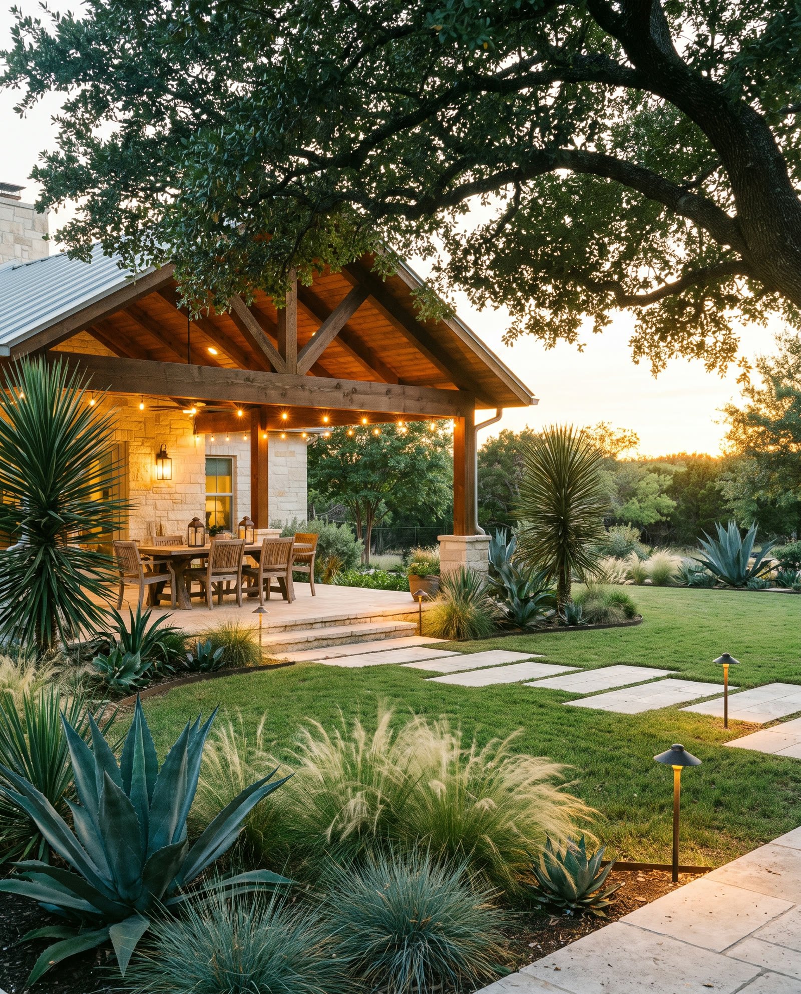 A backyard with a covered limestone patio, outdoor dining, and a lawn edged by native beds at dusk