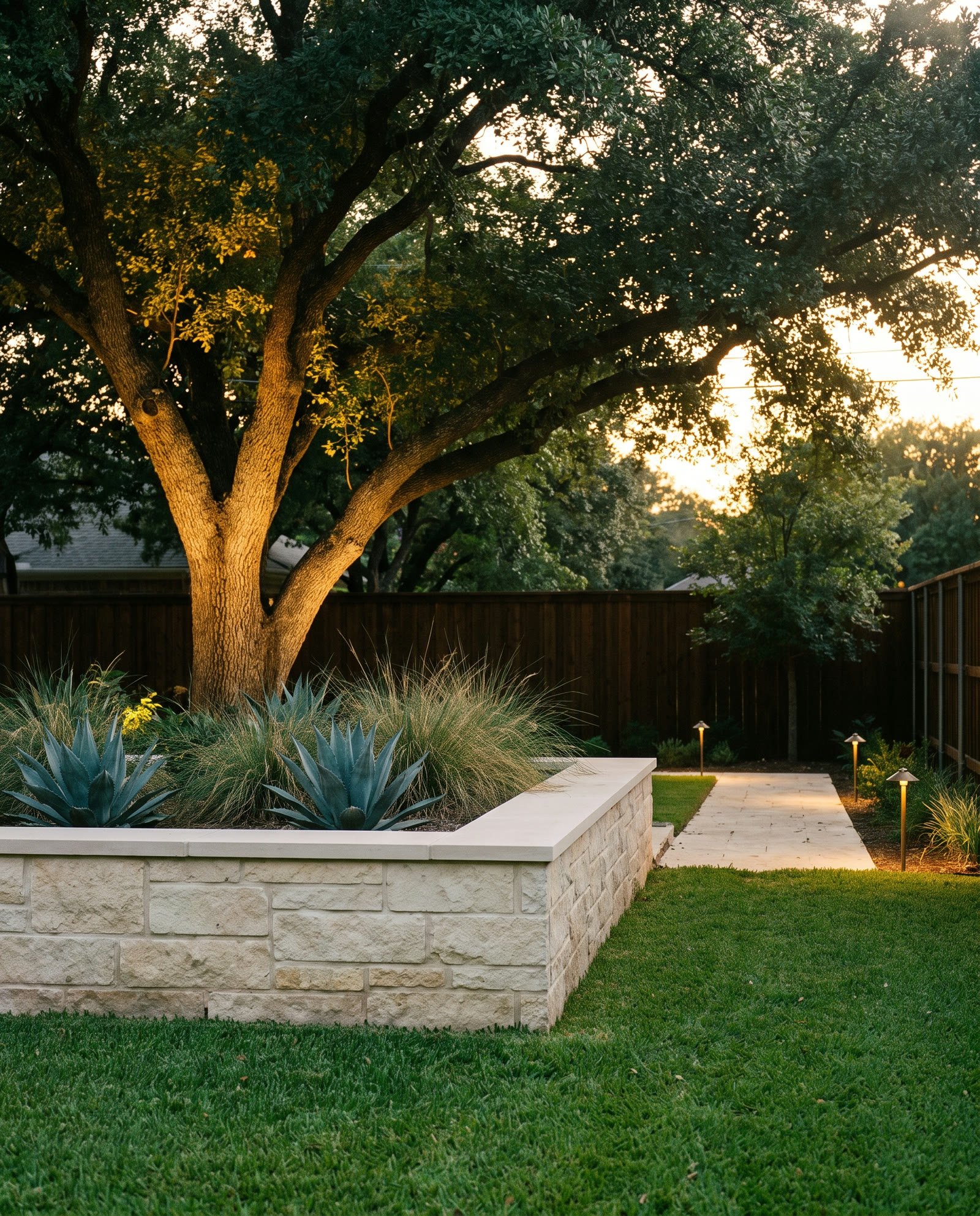 A backyard with a raised limestone planter wall, an uplit live oak, and a lawn at dusk