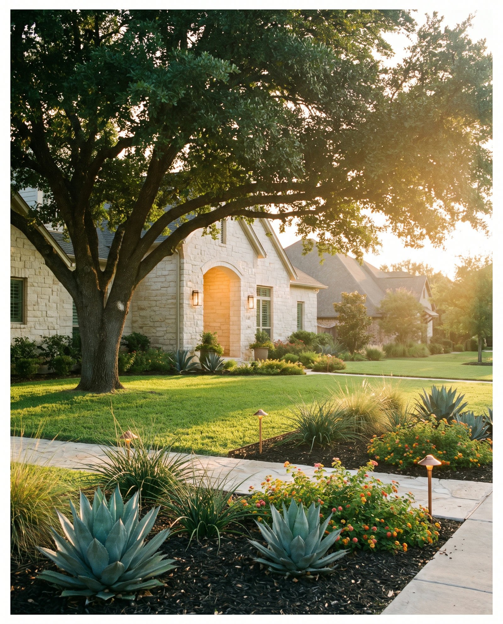 The front yard of a Texas stone home with a live oak, layered beds, and a limestone walk at golden hour