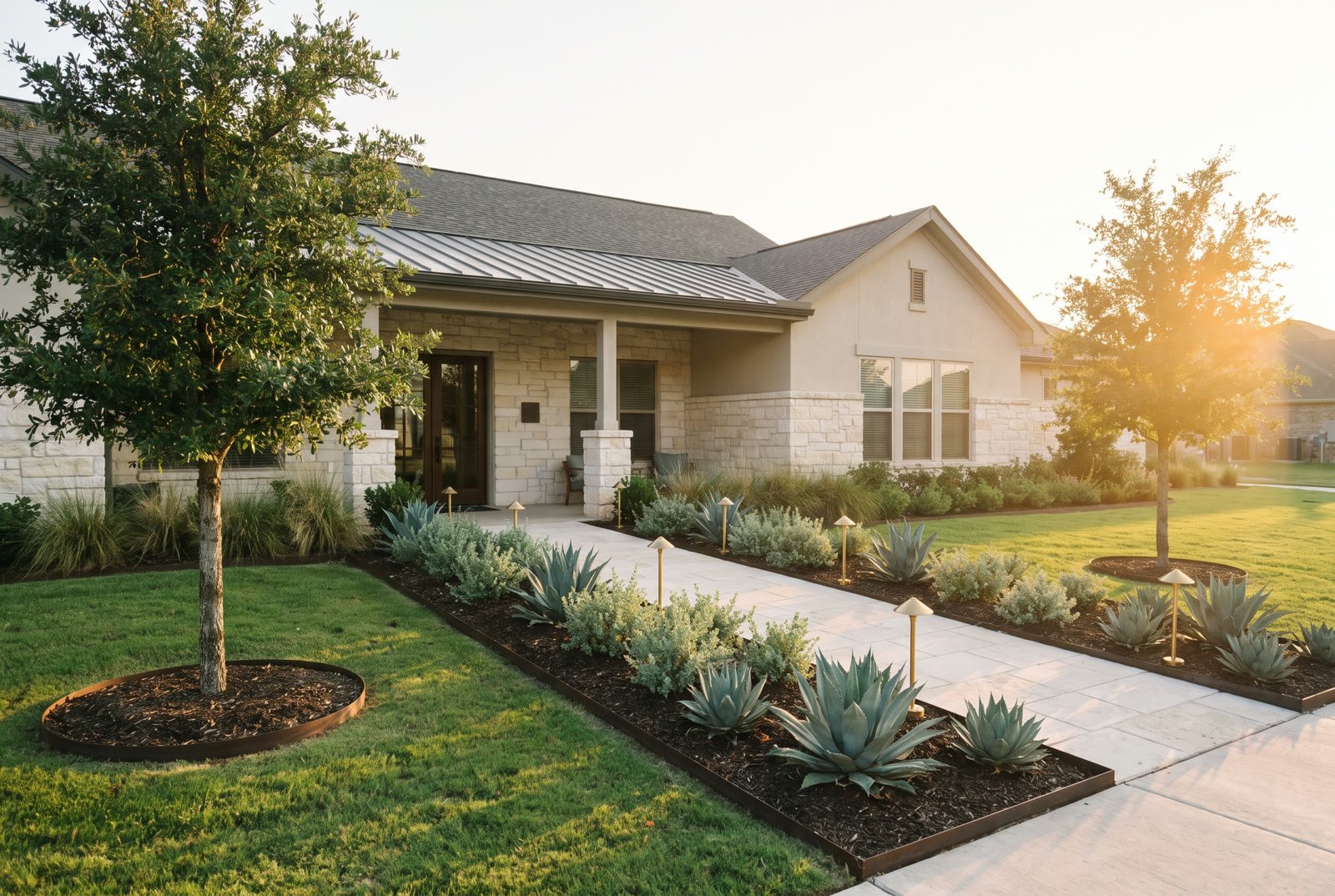 The front entry of a multifamily leasing office with layered native beds, a clean lawn, and a lit limestone walk at golden hour