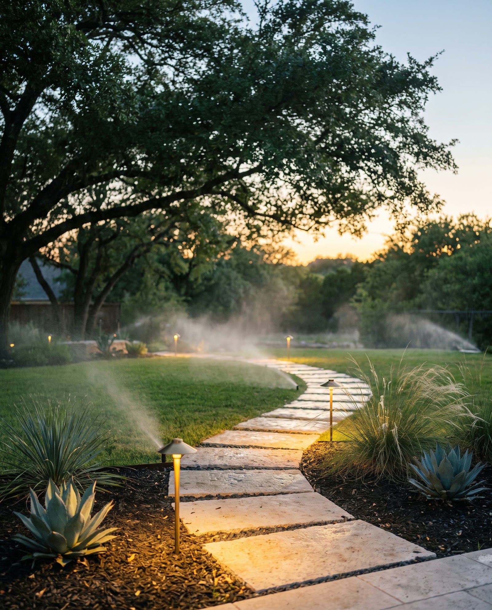 Warm landscape lights along a stone path at dusk with sprinkler mist catching the light